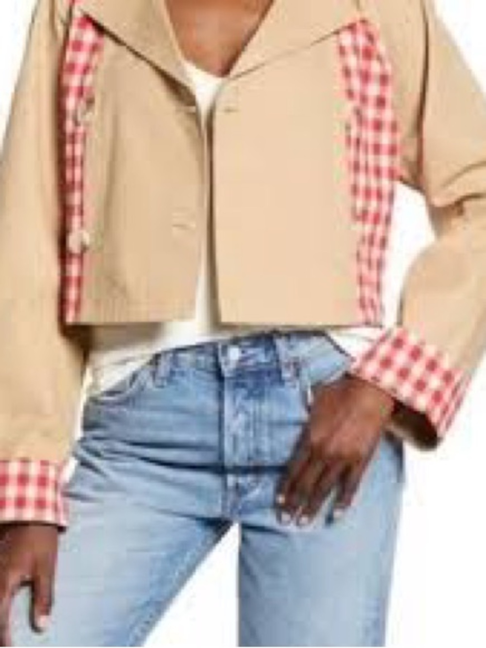 English Factory Beige Cropped Trench with Red Gingham Trim sz M
